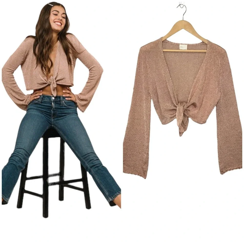Dee Elly Metallic Shimmer Cropped Front Tie Bell Long Crochet Sleeve Rose Gold S - Picture 2 of 12